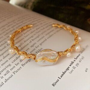 Women’s Freshwater Pearl Open Cuff Bracelet Gold-Plated Woven Style Elegant